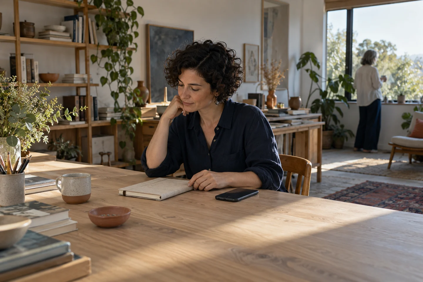 A woman considers a paper planner in a sunlit home studio