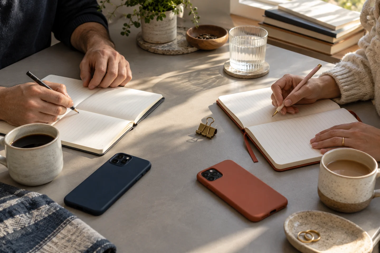 Two phones and separate notebooks divide personal and work contexts