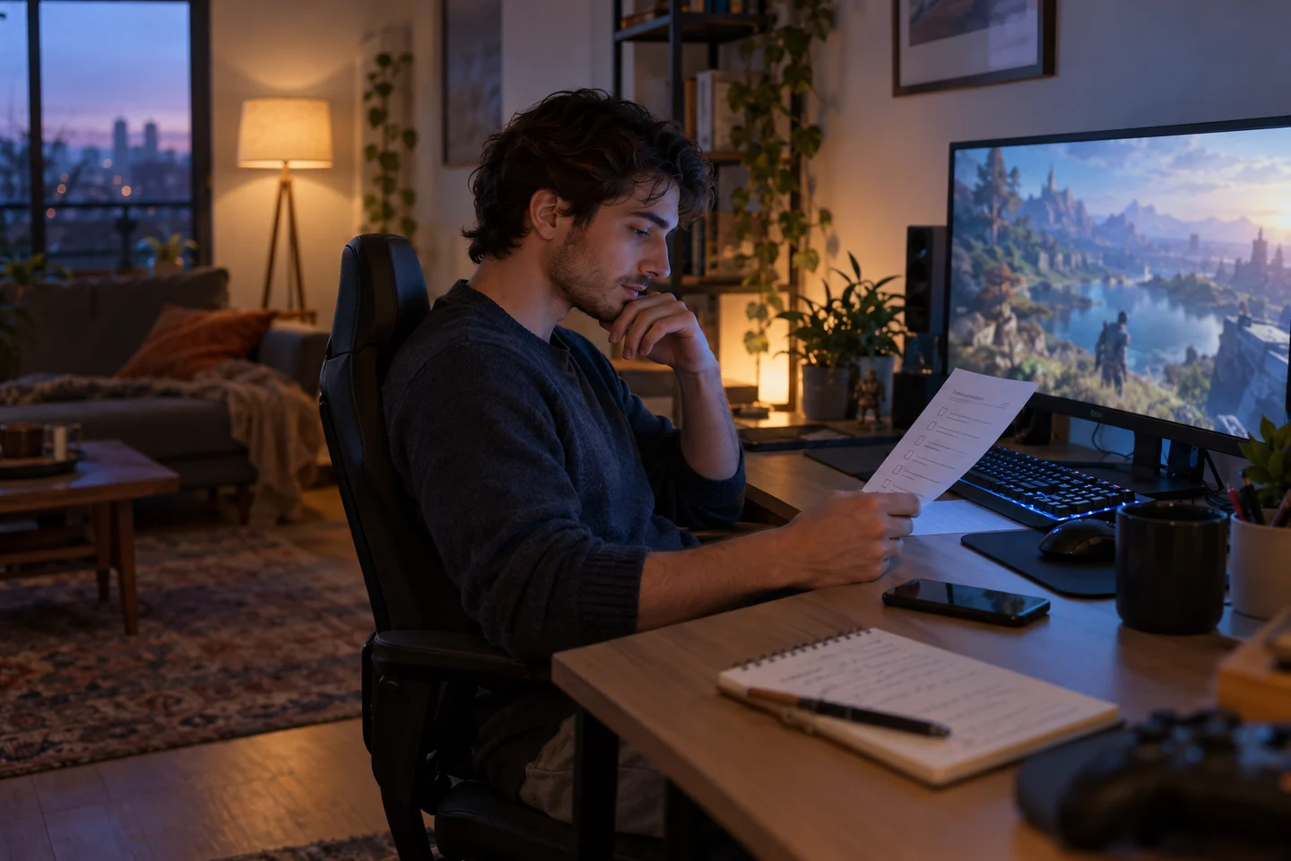 A player checks an account-access note beside a home computer