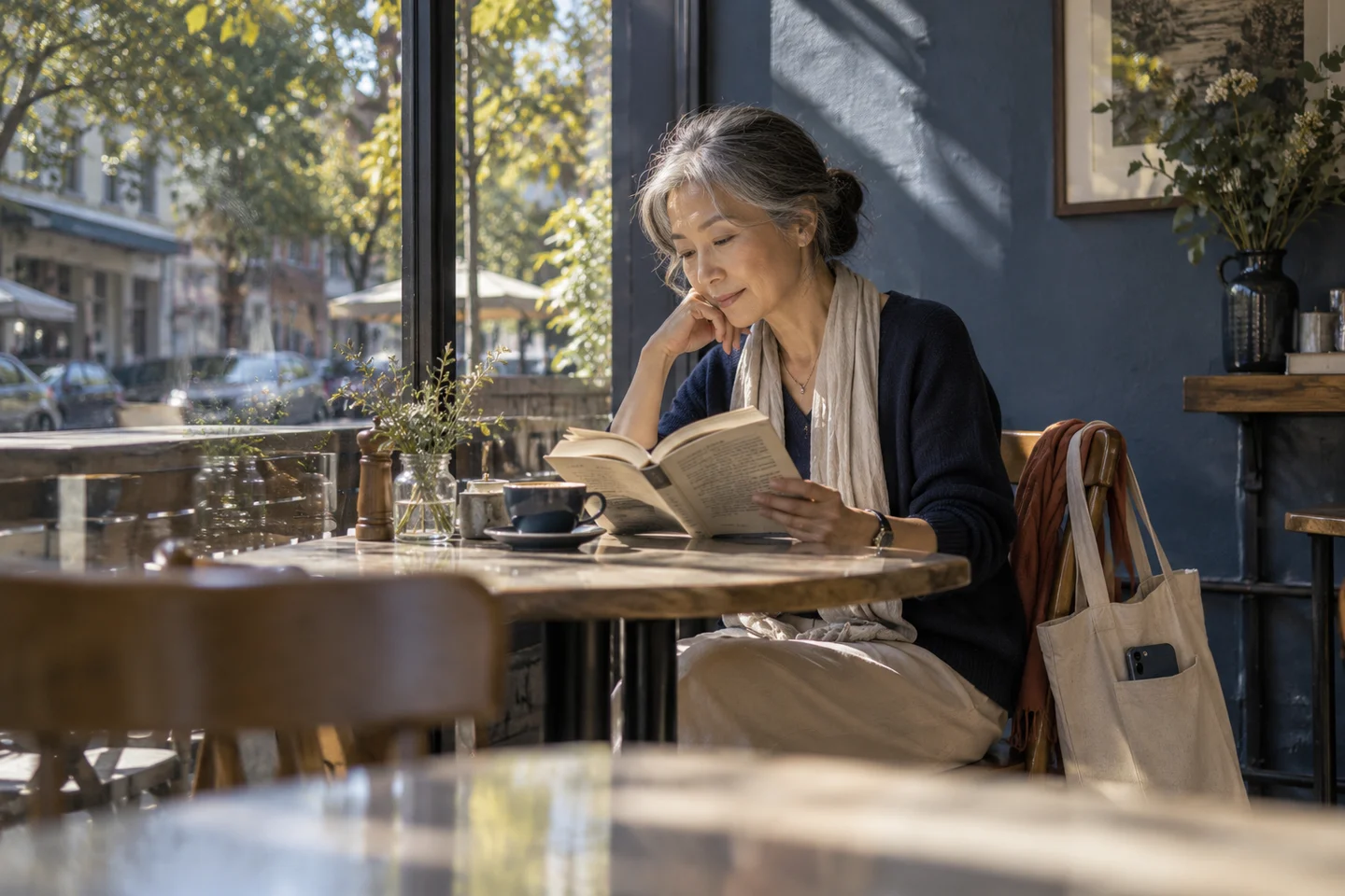 A woman reads in a cafe with her phone put away