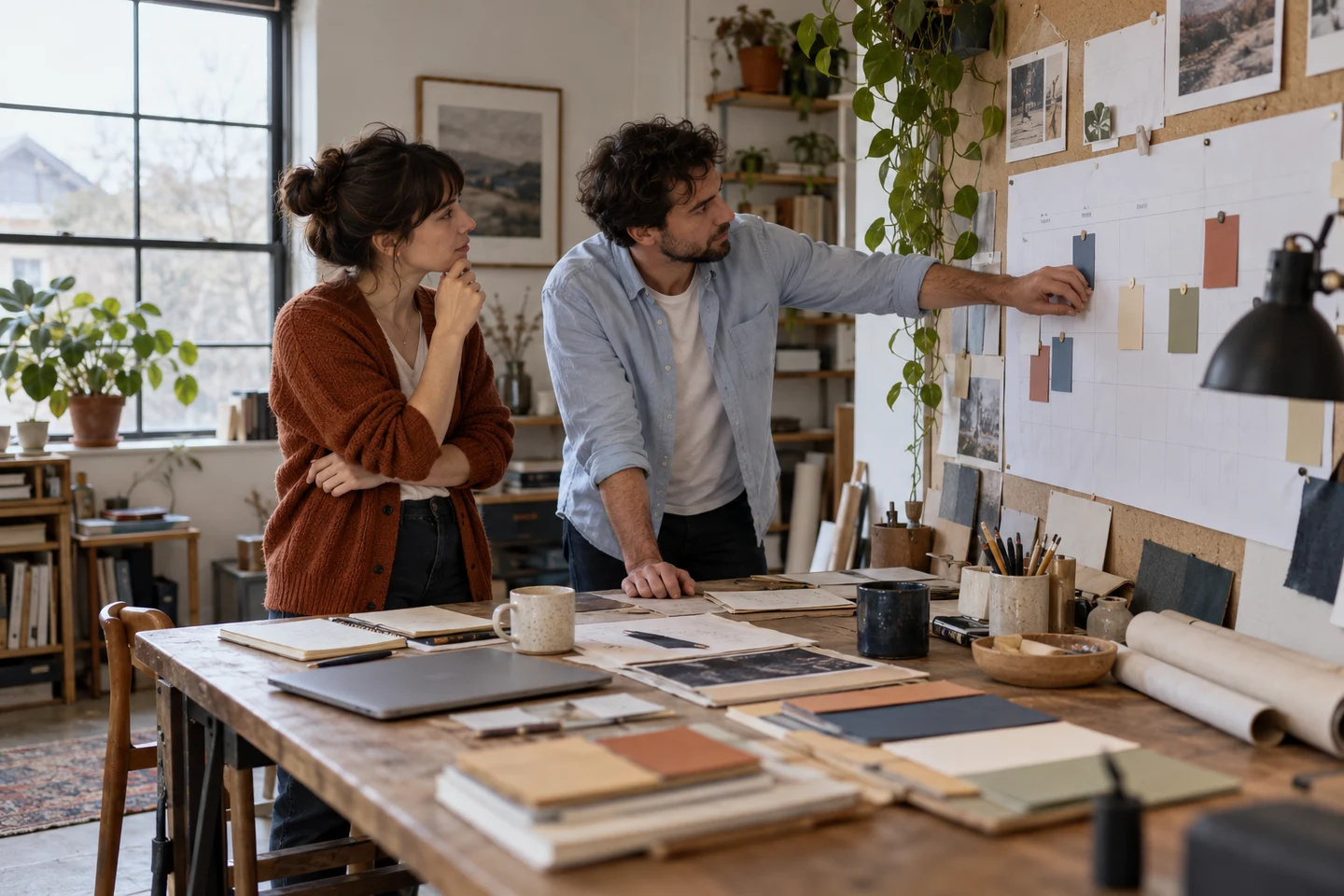 Two colleagues agree a timetable in a light-filled studio