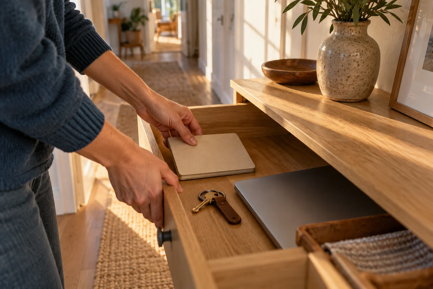 A notebook is put away in a private drawer