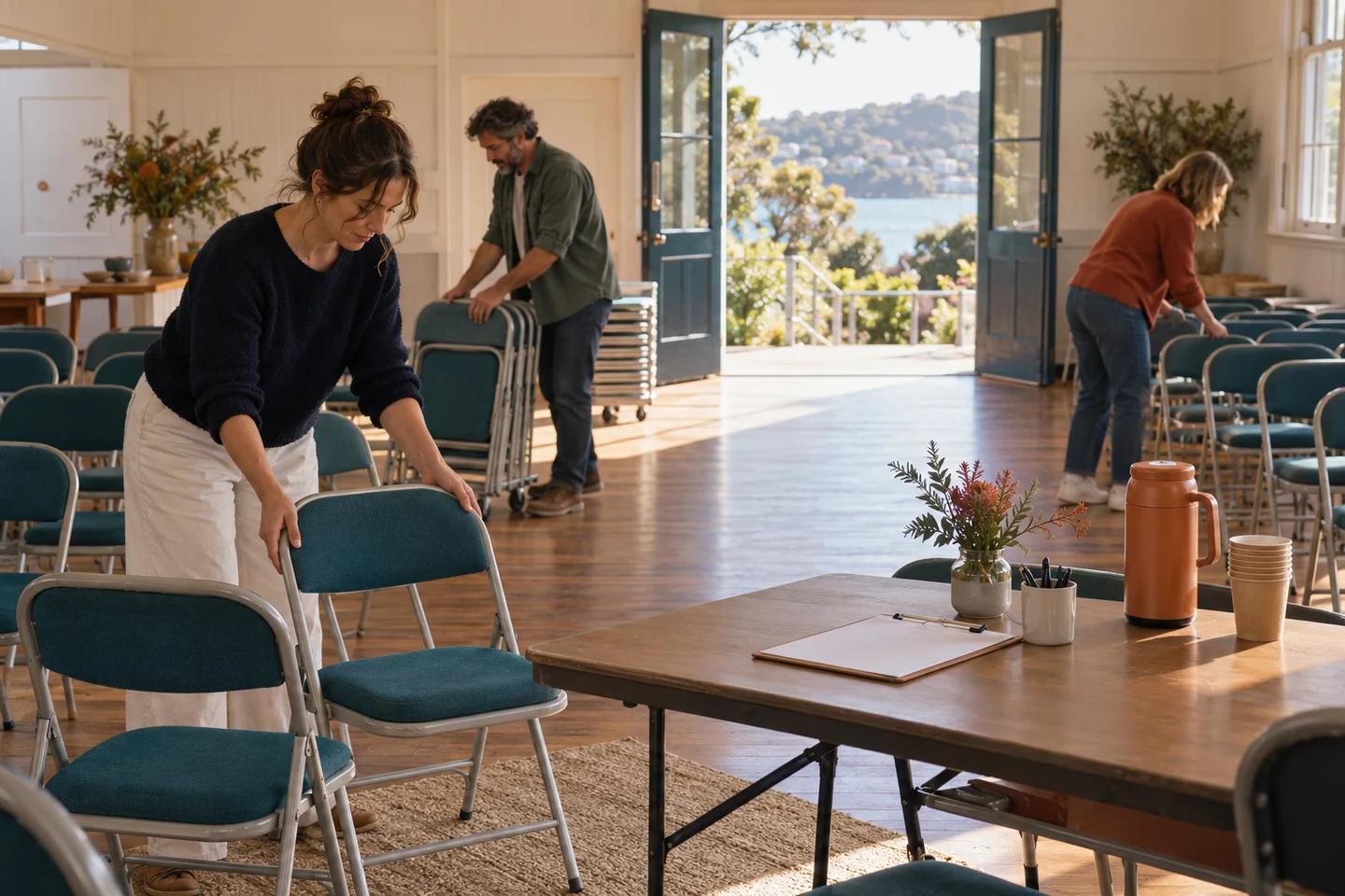 Neighbours prepare chairs and a welcome desk in a community hall