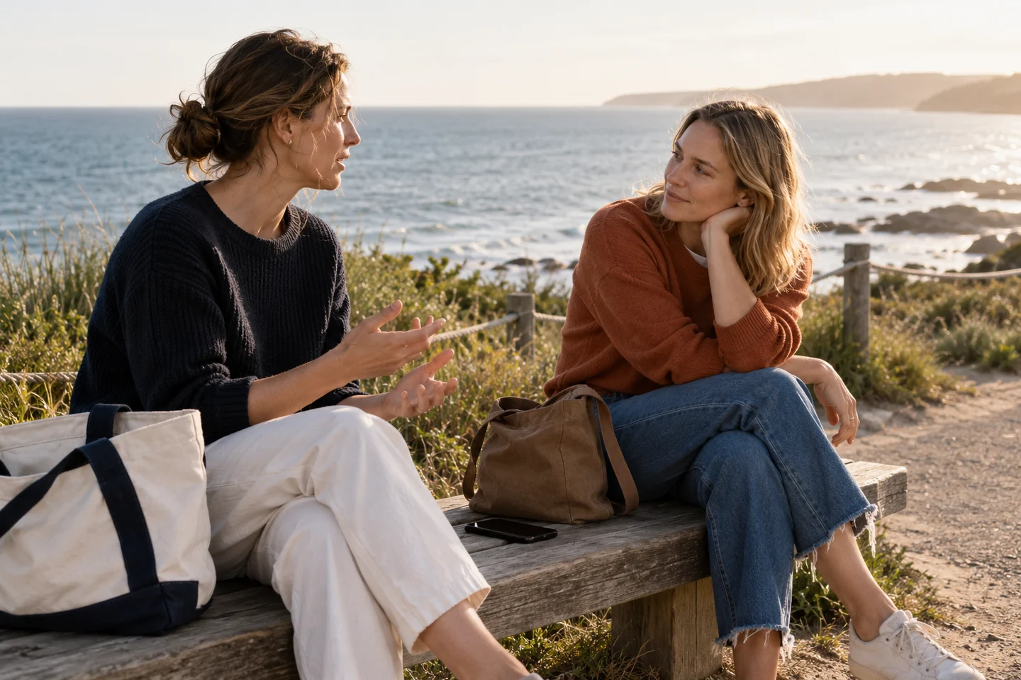 Two friends talk beside a coastal walking path